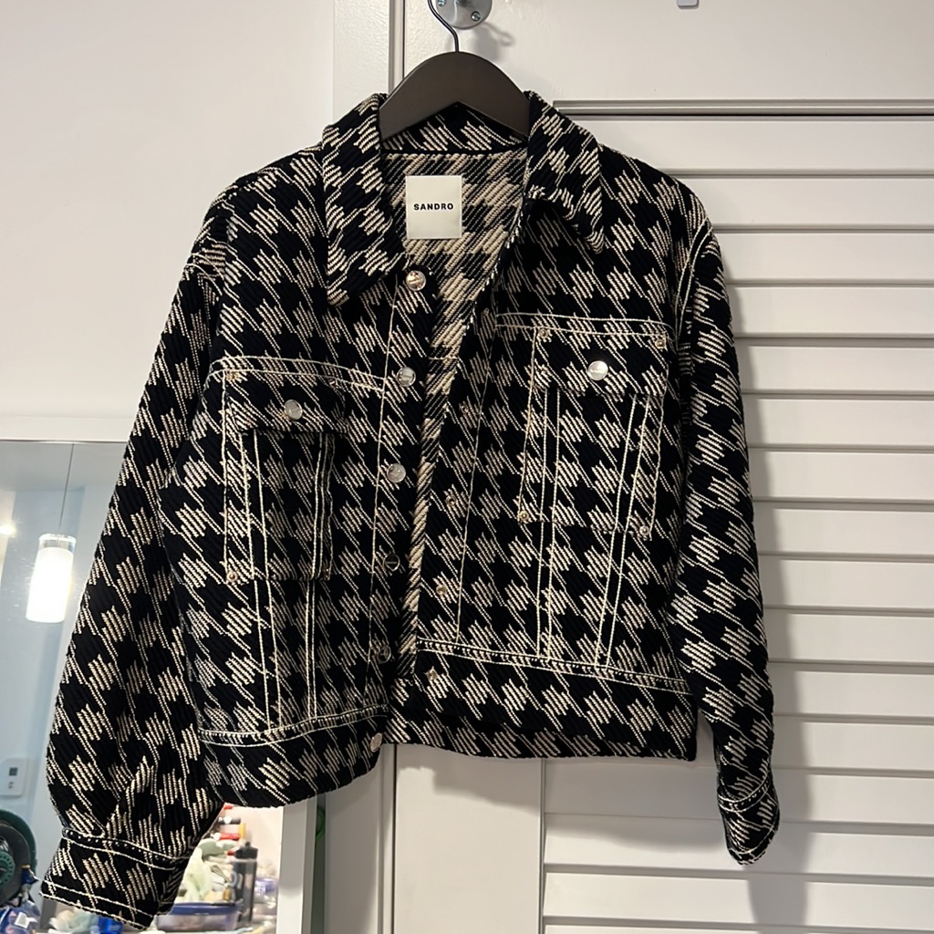 Sandro Balthazar Jacket Houndstooth Black And Gold Size 2